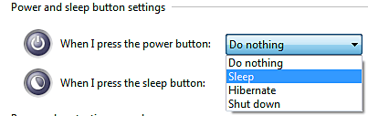 Power and Sleep Button Setting Choices
